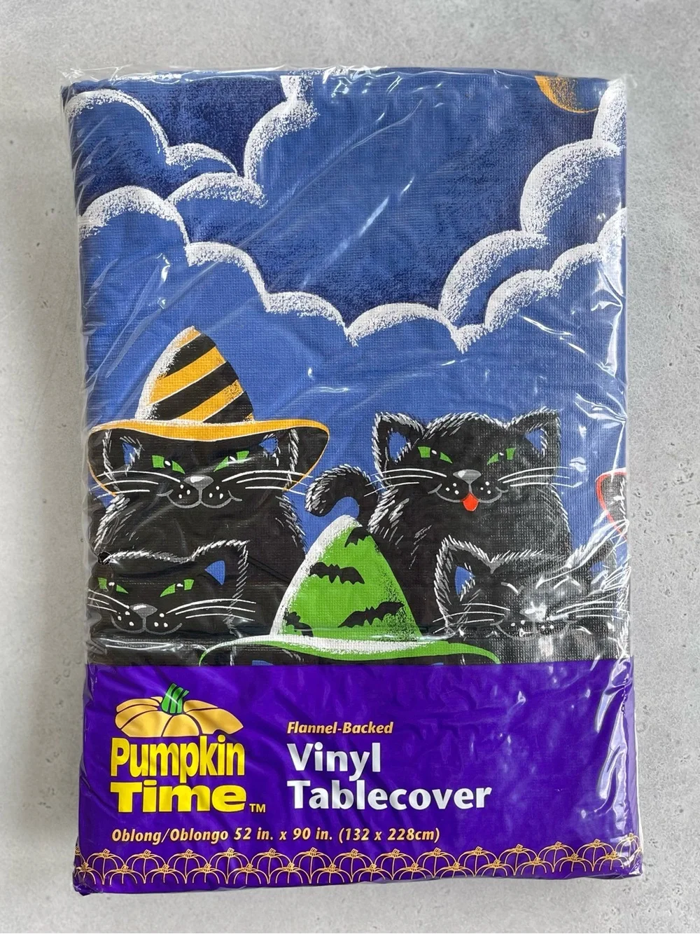 Vintage Halloween Vinyl Tablecloth Witchy Black Cats Pumpkin Time 90s 52”x90